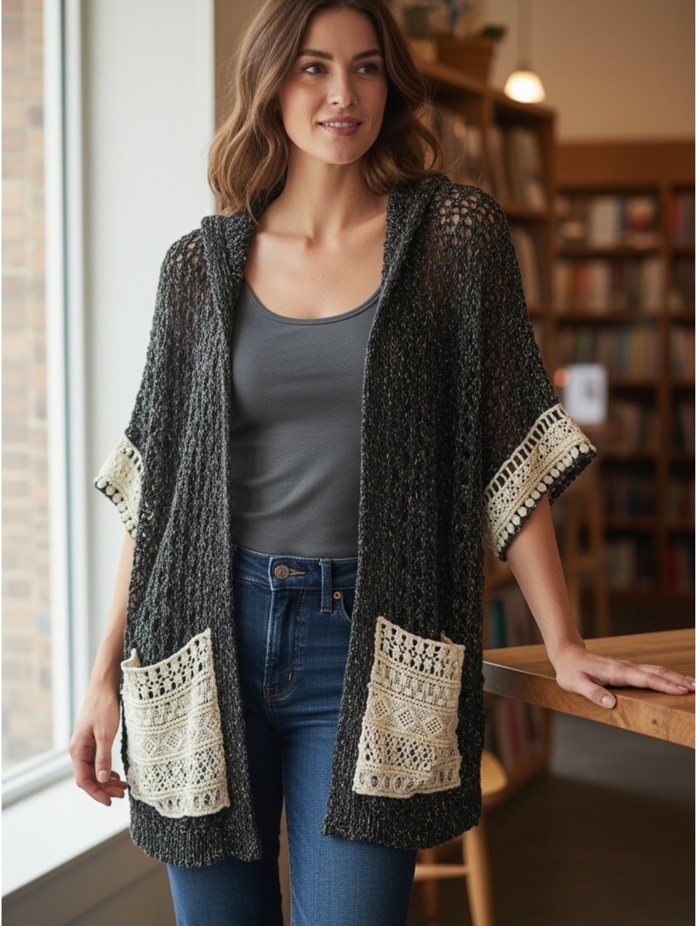 POL Crochet Open Front Cardigan with Contrast Crochet Pockets and Cuffs